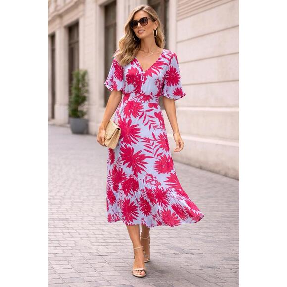 Abel the Label Dresses & Skirts - Abel The Label Anthro Cassidy Midi Dress S Floral Smocked Waist Pink Blue Hi Lo